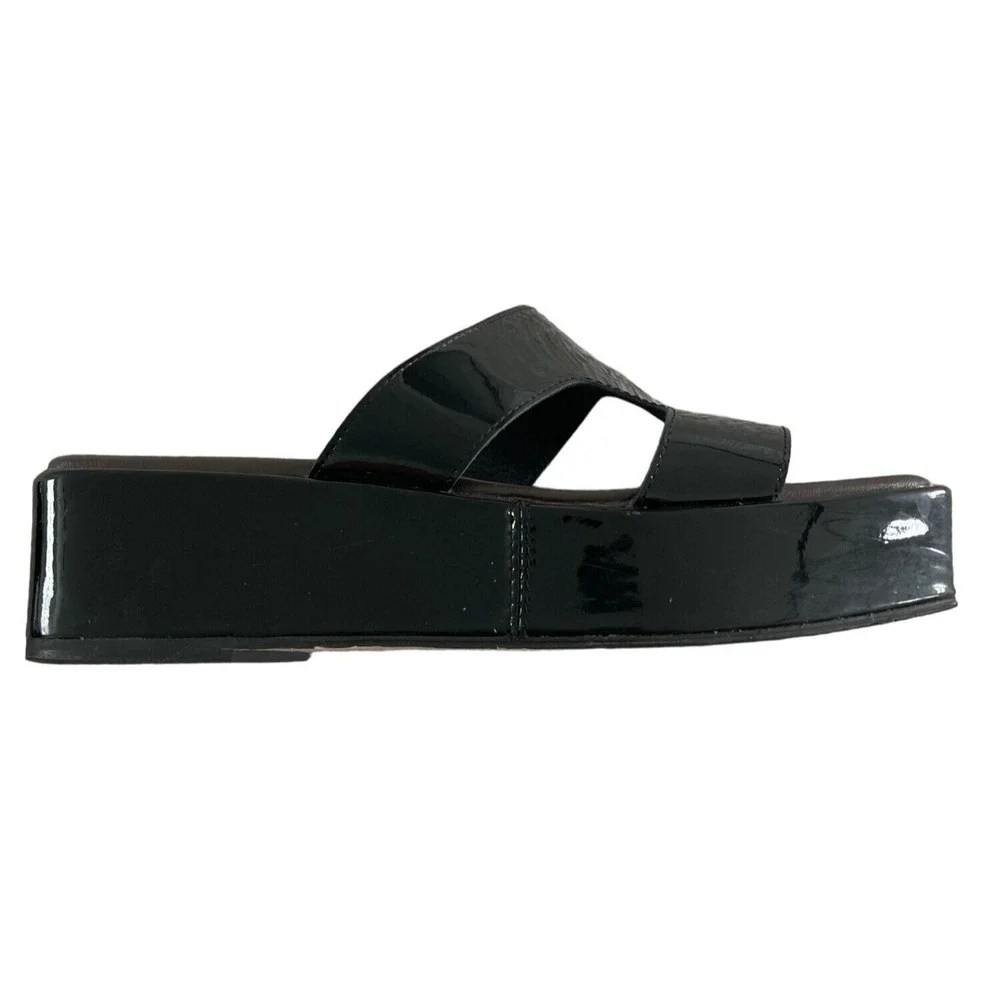 ALL BLACK FOOTWEAR Blunt T Wedge Sandals Black Patent Leather EU 40 9-9.5 $175